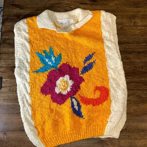 VINTAGE JACK WINTER hand knitted sleeveless wmn sweater vibrant yellow floral